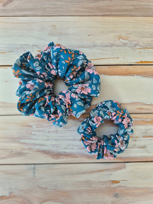 Blossoms on blue Jumbo Scrunchie